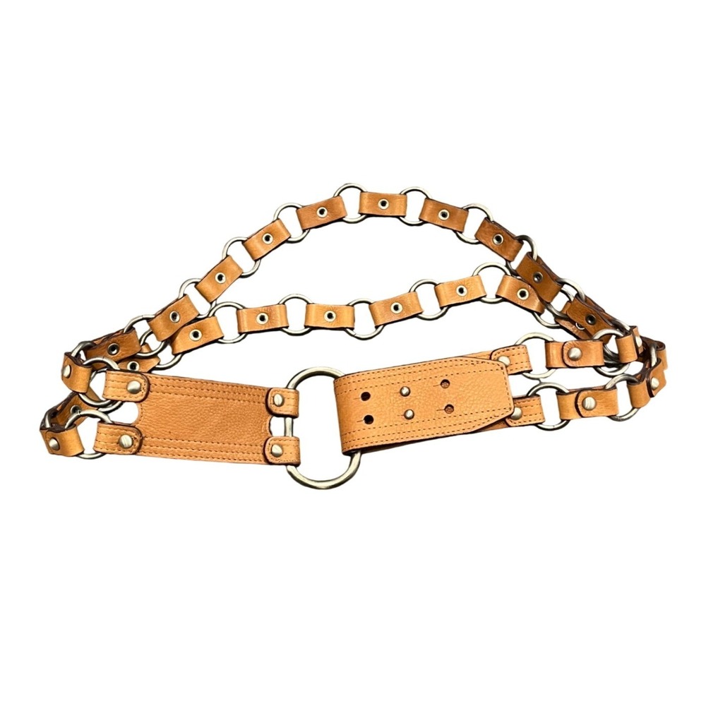 Fossil Belt Womens M Brown Leather Chain Link O-Ring BT3060 231 Steampunk Biker